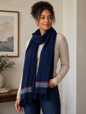 Vintage Xhilaration Large Blue Tasseled Pom Pom  Red, White, Blue & Yellow Scarf